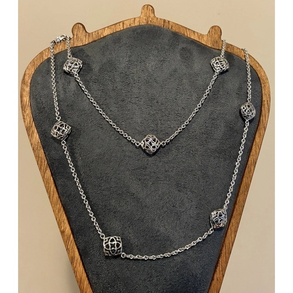 Kendra Scott Logo Long Devalyn Station Necklace Silver Filigree Puff Ball Beads